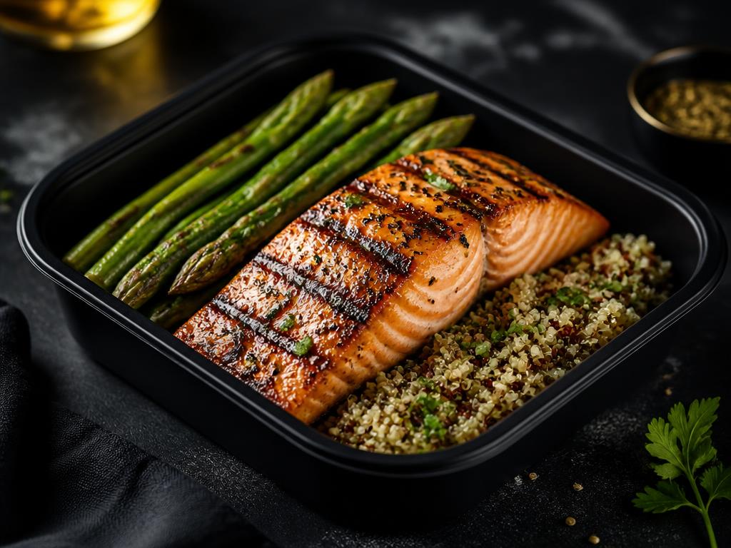 Grilled salmon with asparagus and quinoa in a black meal prep container