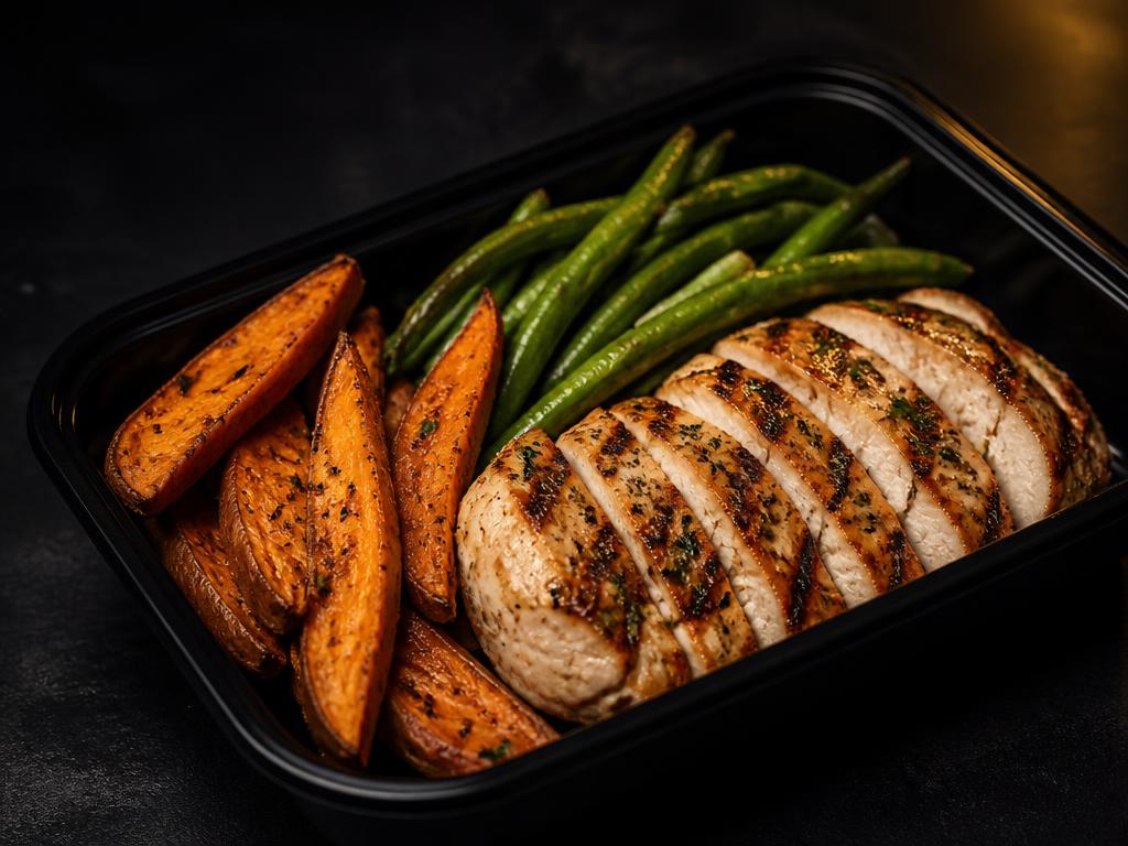 Sliced grilled chicken with sweet potato wedges and green beans