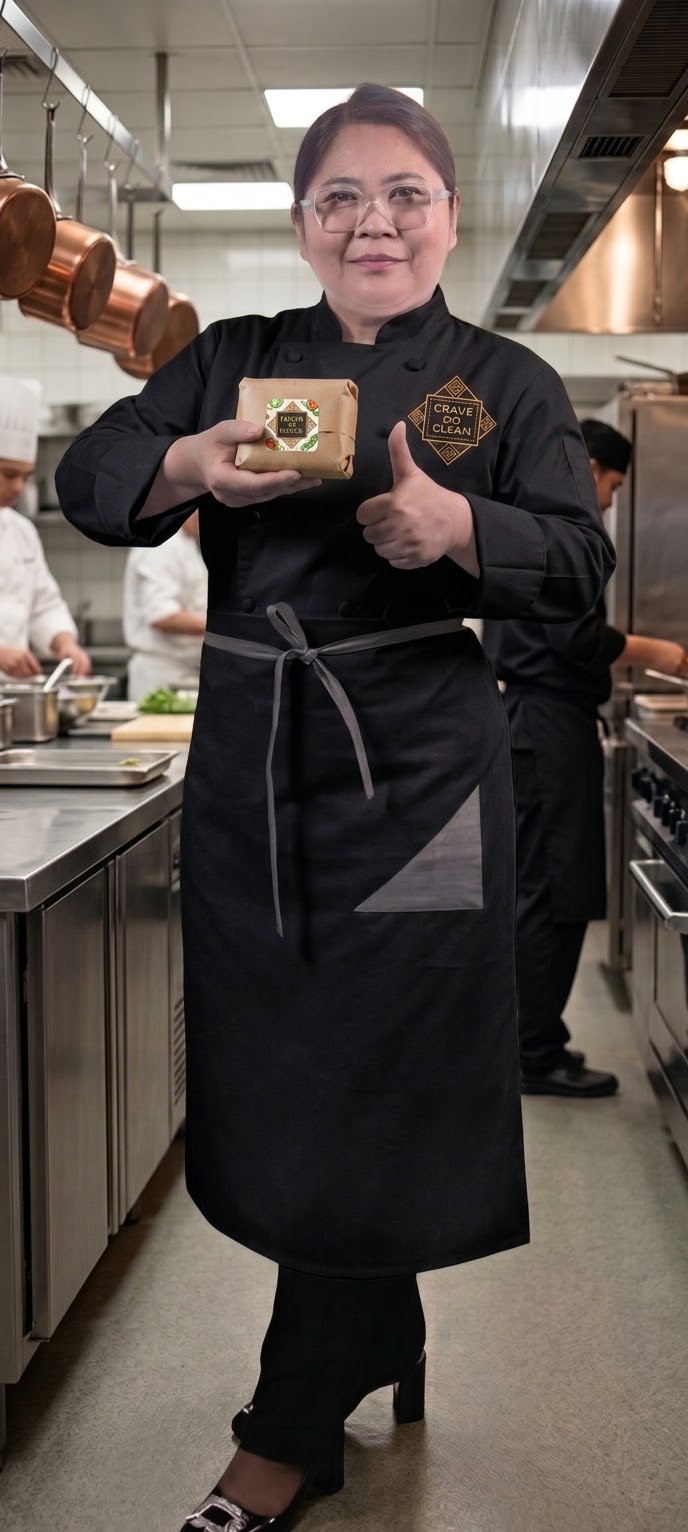 Chef Irin in the Crave Clean kitchen holding a sealed meal container