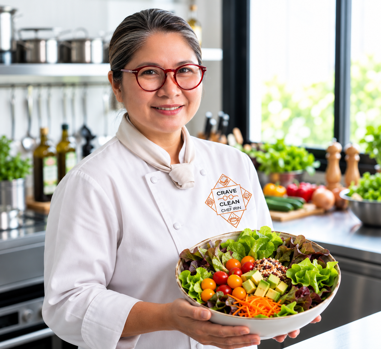 Chef Irin in the Crave Clean kitchen holding a fresh salad bowl