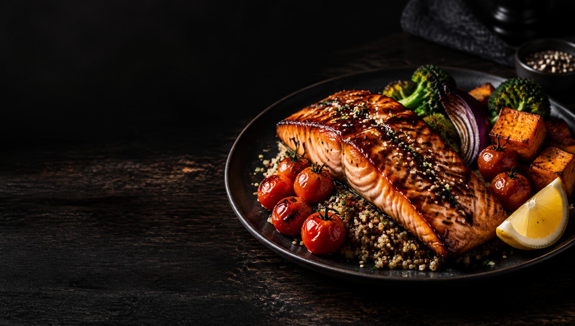AI illustration of a grilled salmon plate with vegetables and quinoa