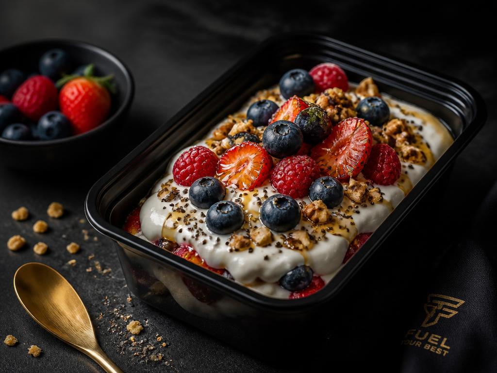 High-protein Greek yogurt parfait with mixed berries, honey and crushed nuts in a black container